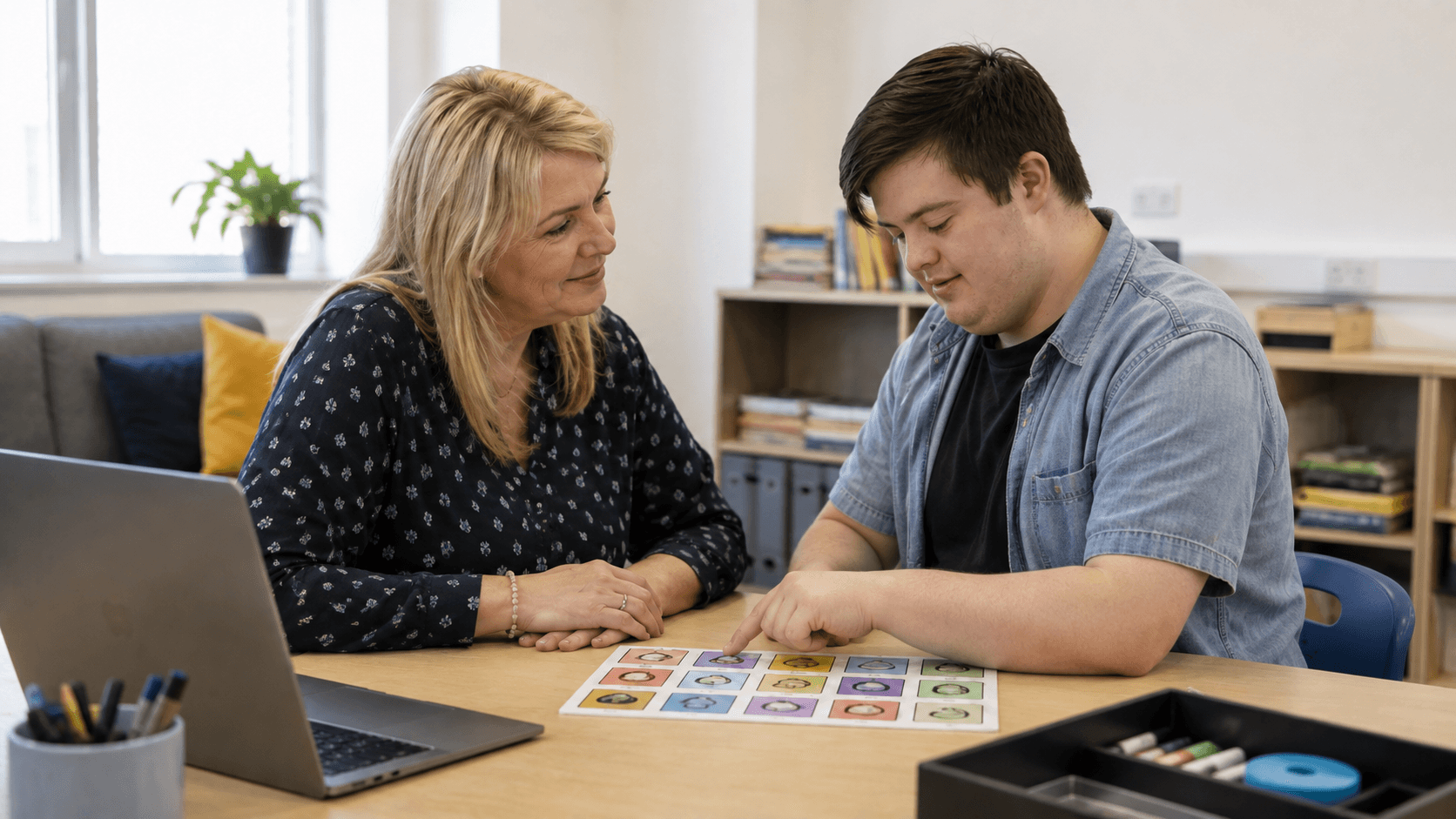 Support practitioner working alongside a learner at an accessible desk