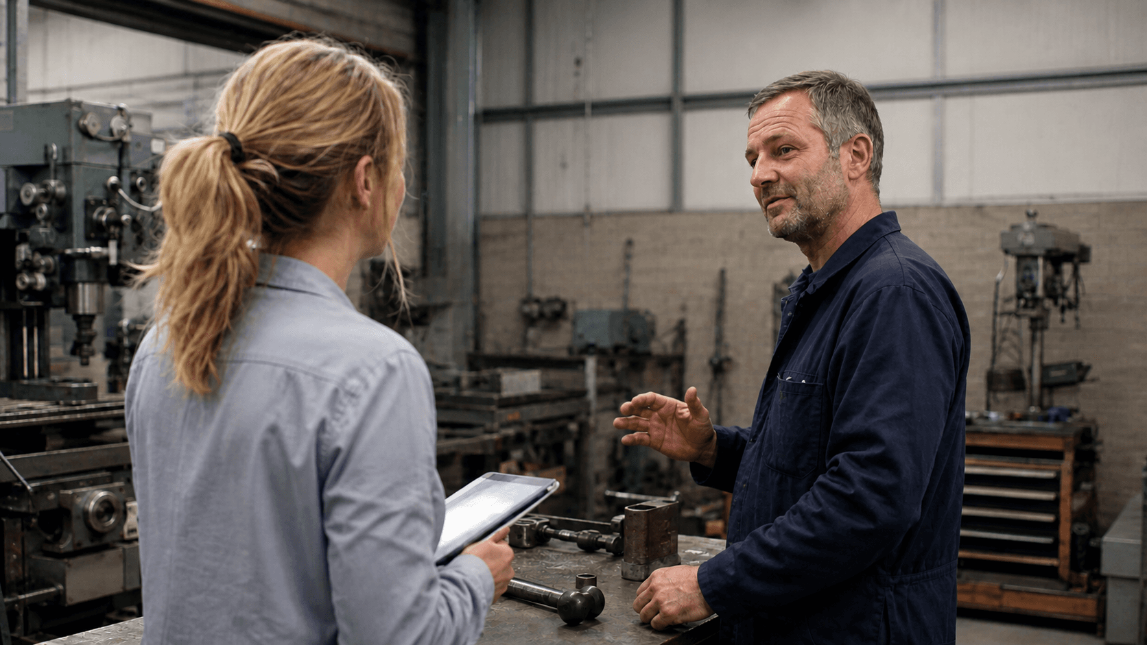 Placement co-ordinator speaking with an employer in a workshop