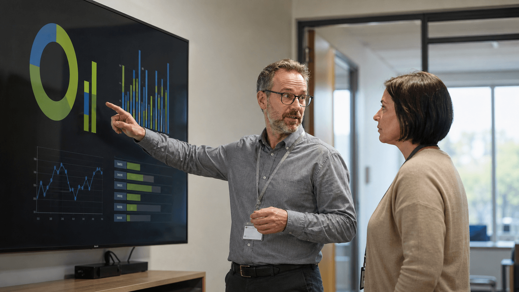 Staff member reviewing college data charts on a monitor