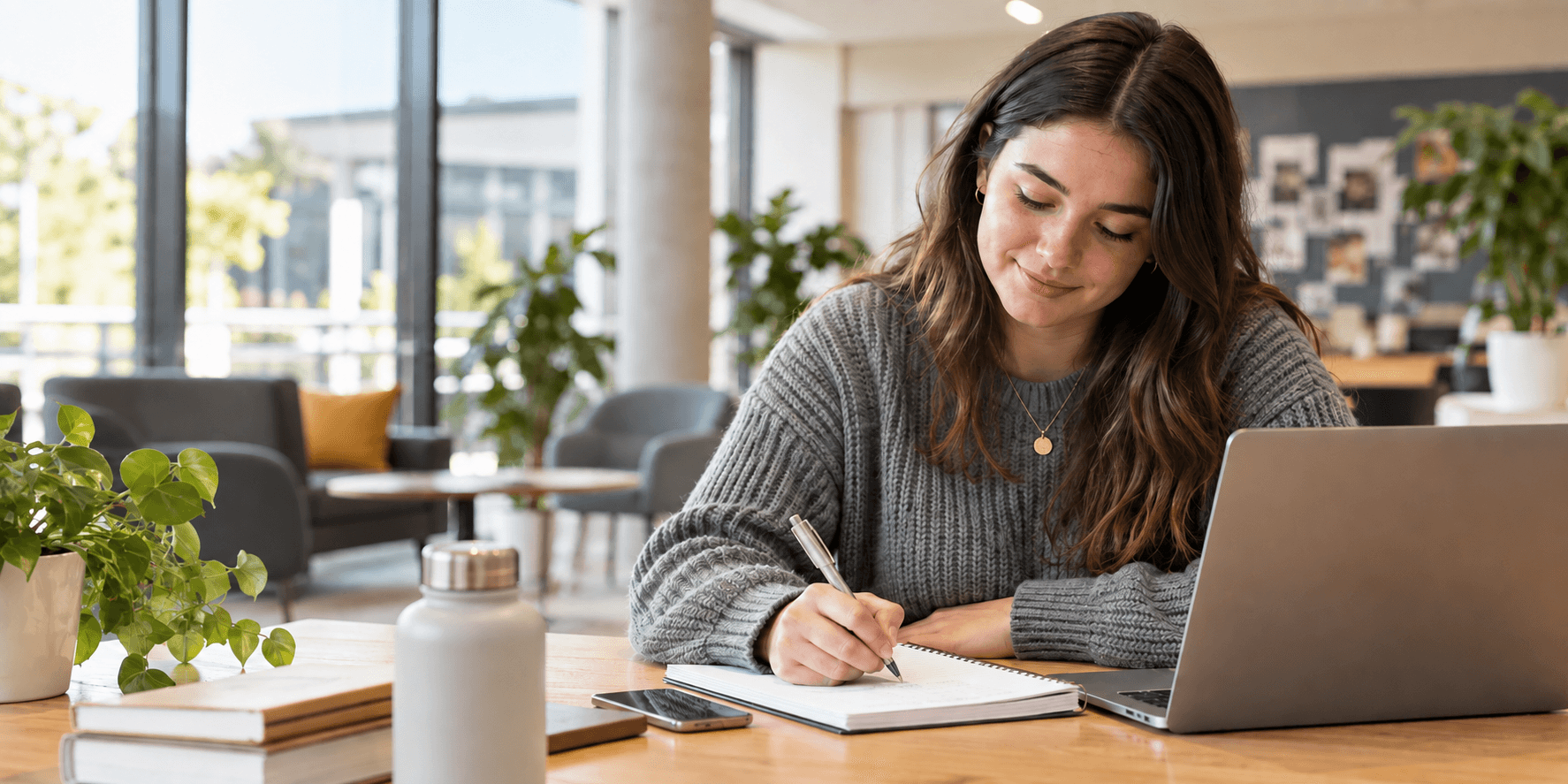Female college student writing a reflection in a bright common room
